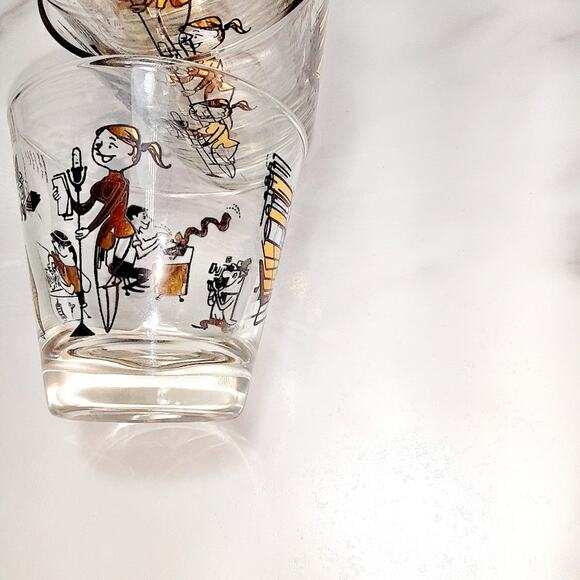 Mid Century modern Double drinking Glasses Set of 5 Pressroom Characters - Picture 6 of 13
